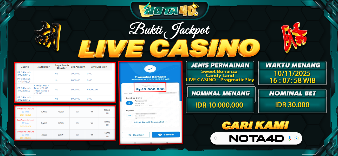 Bukti Kemenangan Besar Dibayar lunas Member NOTA4D RP 10.000.000, 12 November 2025