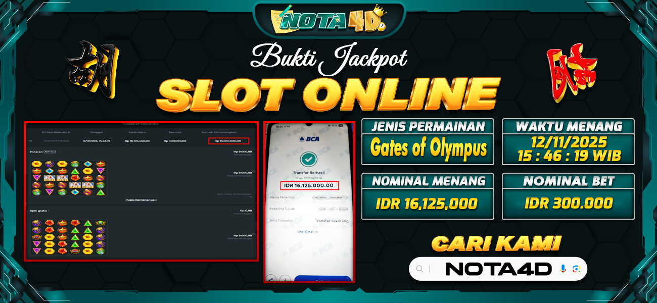 Bukti Kemenangan Besar Dibayar lunas Member NOTA4D RP 16.125.000, 12 November 2025