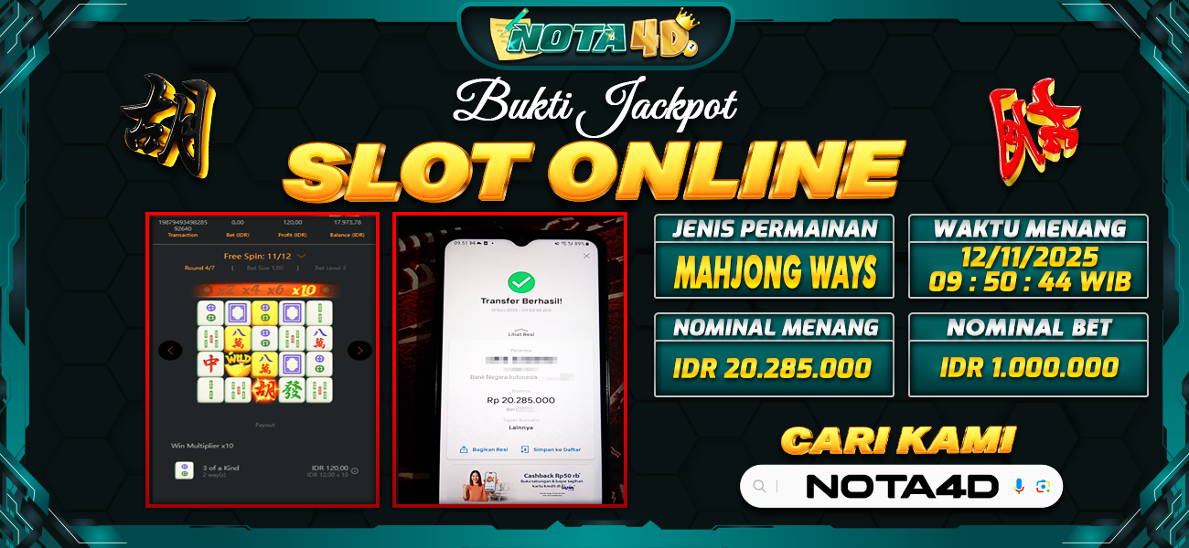Bukti Kemenangan Besar Dibayar lunas Member NOTA4D RP 20.285.000, 12 November 2025