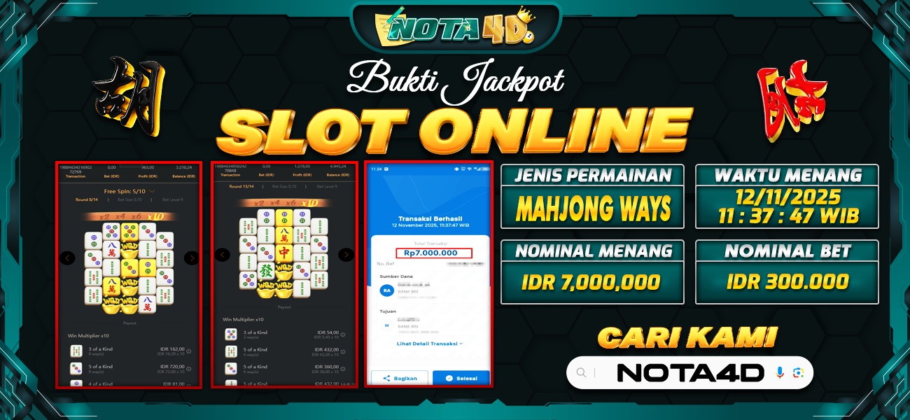 Bukti Kemenangan Besar Dibayar lunas Member NOTA4D RP 7.000.000, 12 November 2025