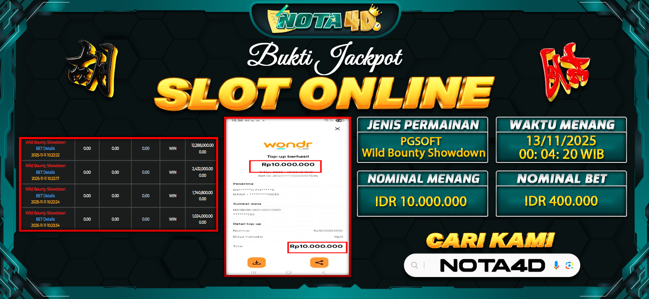 Bukti Kemenangan Besar Dibayar lunas Member NOTA4D RP 10.000.000, 13 November 2025