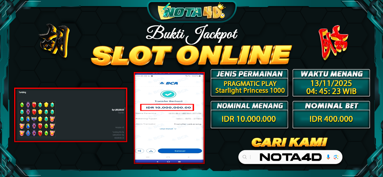 Bukti Kemenangan Besar Dibayar lunas Member NOTA4D RP 10.000.000, 13 November 2025
