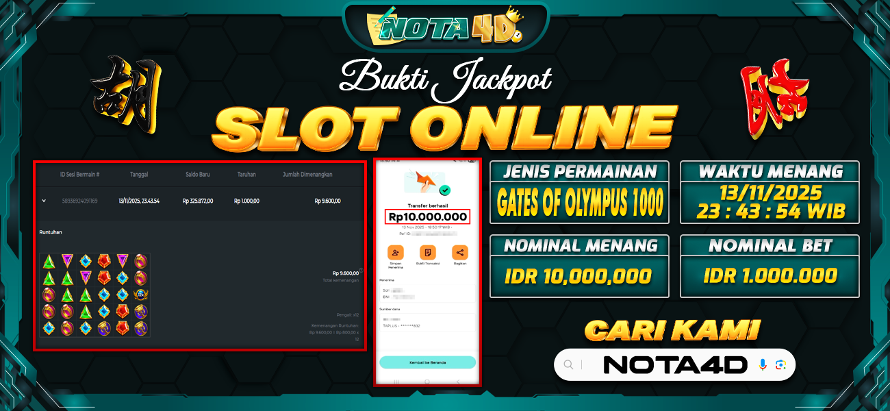 Bukti Kemenangan Besar Dibayar lunas Member NOTA4D RP 10.000.000, 13 November 2025