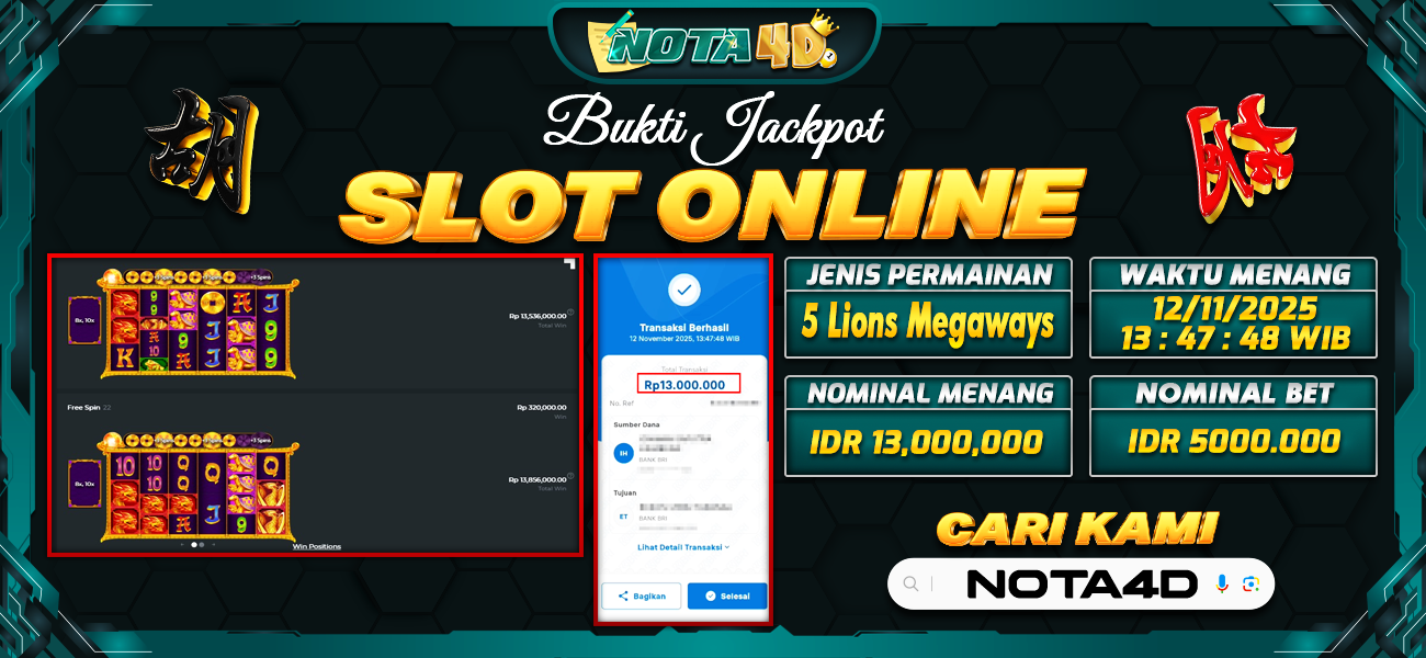 Bukti Kemenangan Besar Dibayar lunas Member NOTA4D RP 13.000.000, 13 November 2025
