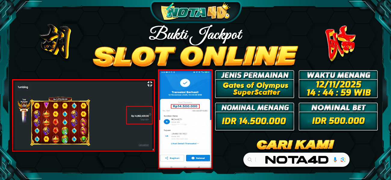 Bukti Kemenangan Besar Dibayar lunas Member NOTA4D RP 14.500.000, 13 November 2025