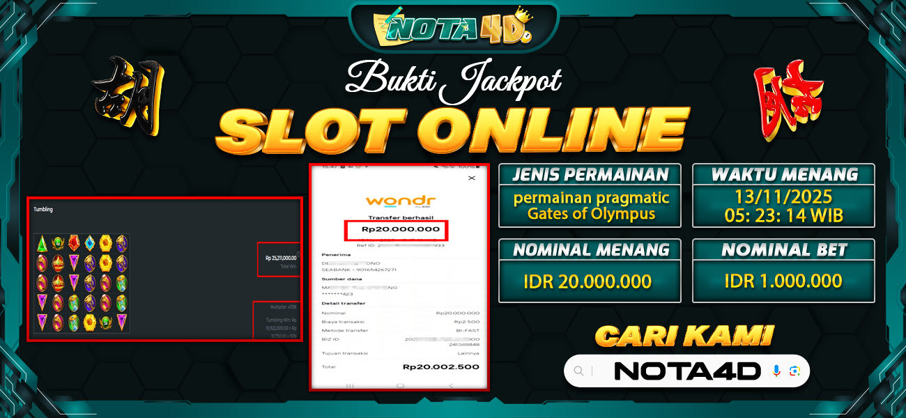 Bukti Kemenangan Besar Dibayar lunas Member NOTA4D RP 20.000.000, 13 November 2025