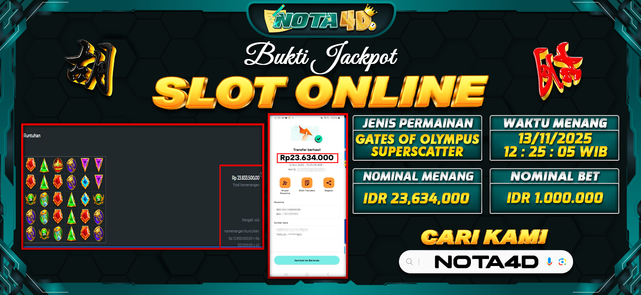 Bukti Kemenangan Besar Dibayar lunas Member NOTA4D RP 23.634.000, 13 November 2025