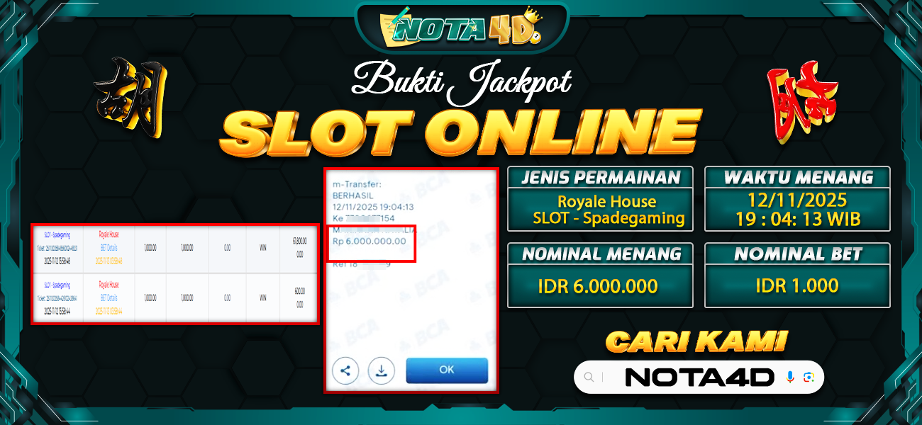 Bukti Kemenangan Besar Dibayar lunas Member NOTA4D RP 6.000.000, 13 November 2025