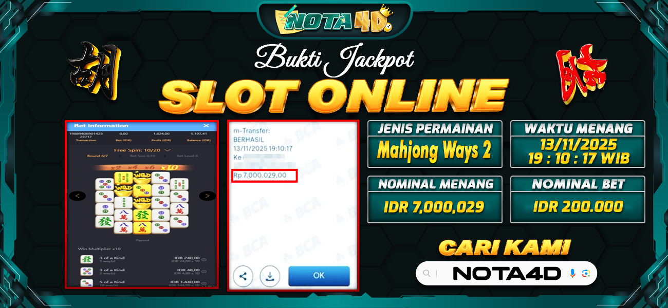 Bukti Kemenangan Besar Dibayar lunas Member NOTA4D RP 7.000.000, 13 November 2025