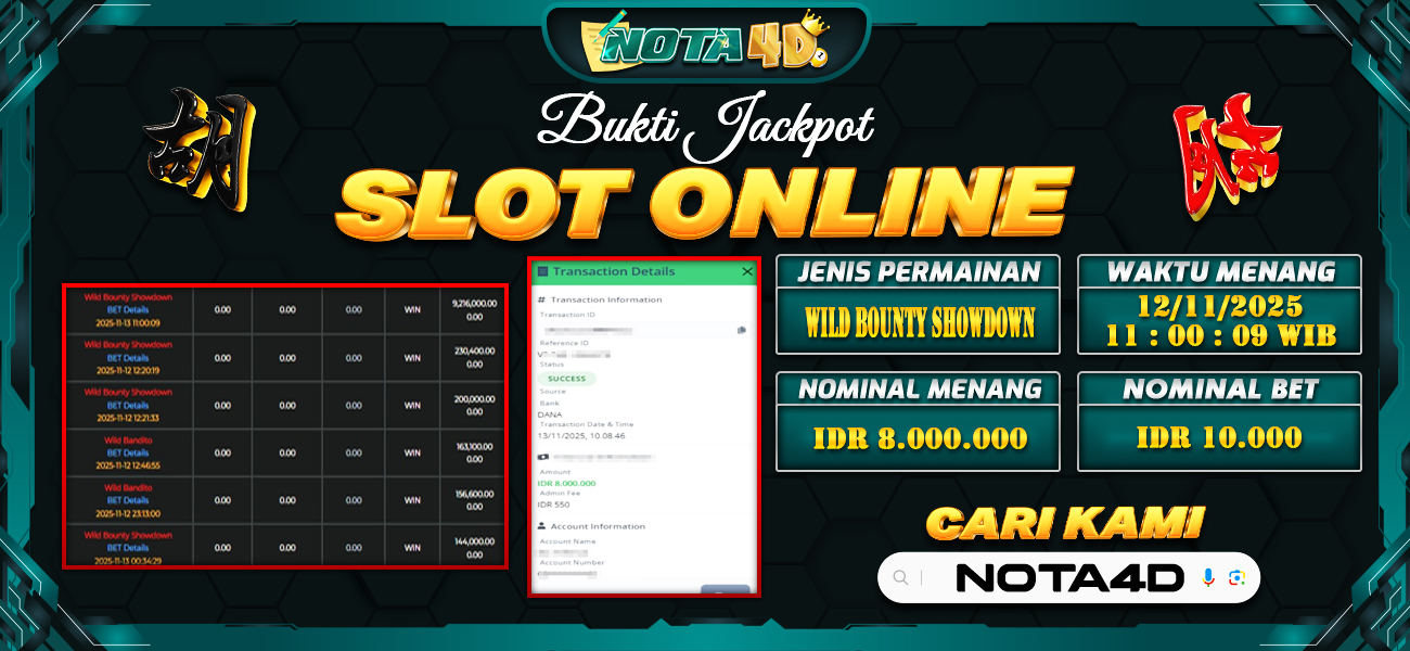 Bukti Kemenangan Besar Dibayar lunas Member NOTA4D RP 8.000.000, 13 November 2025