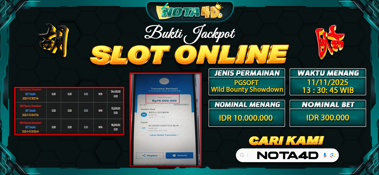 Bukti Kemenangan Besar Dibayar lunas Member NOTA4D RP 10.000.000, 14 November 2025