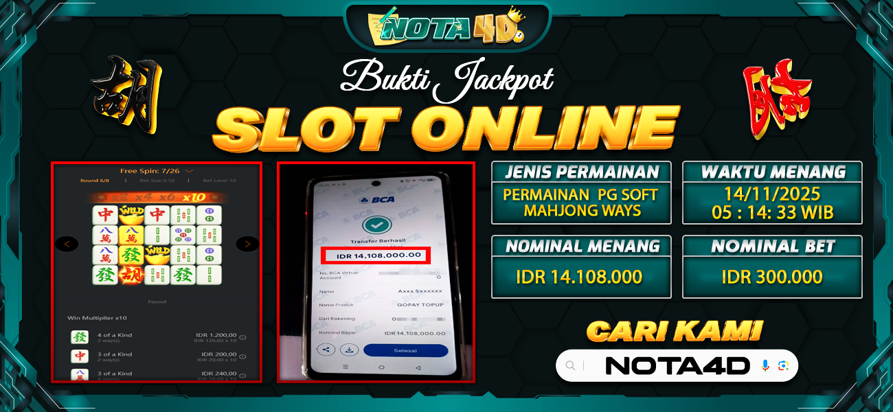 Bukti Kemenangan Besar Dibayar lunas Member NOTA4D RP 14.108.000, 14 November 2025