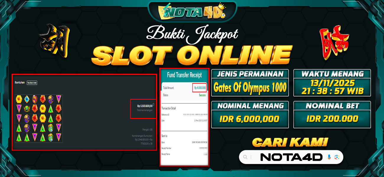 Bukti Kemenangan Besar Dibayar lunas Member NOTA4D RP 6.000.000, 14 November 2025