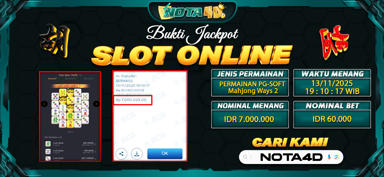 Bukti Kemenangan Besar Dibayar lunas Member NOTA4D RP 7.000.000, 14 November 2025