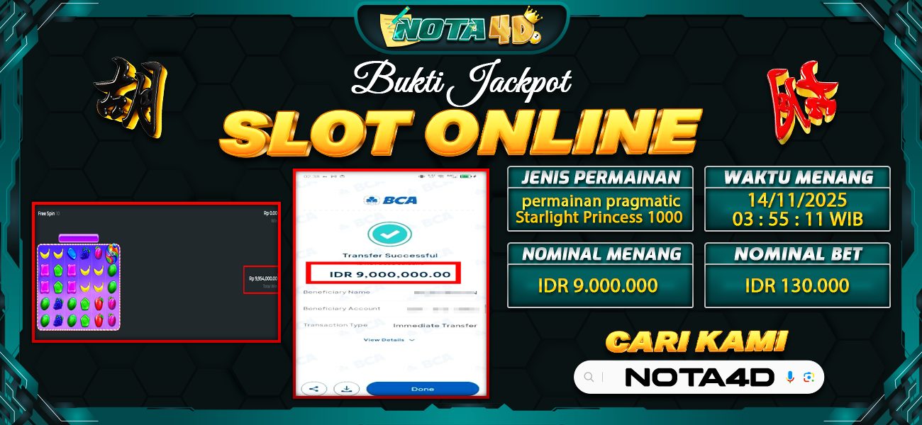 Bukti Kemenangan Besar Dibayar lunas Member NOTA4D RP 9.000.000, 14 November 2025