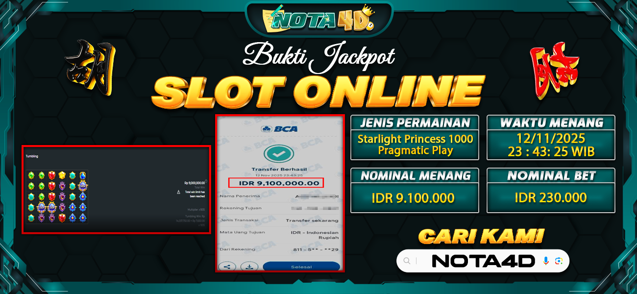 Bukti Kemenangan Besar Dibayar lunas Member NOTA4D RP 9.100.000, 14 November 2025