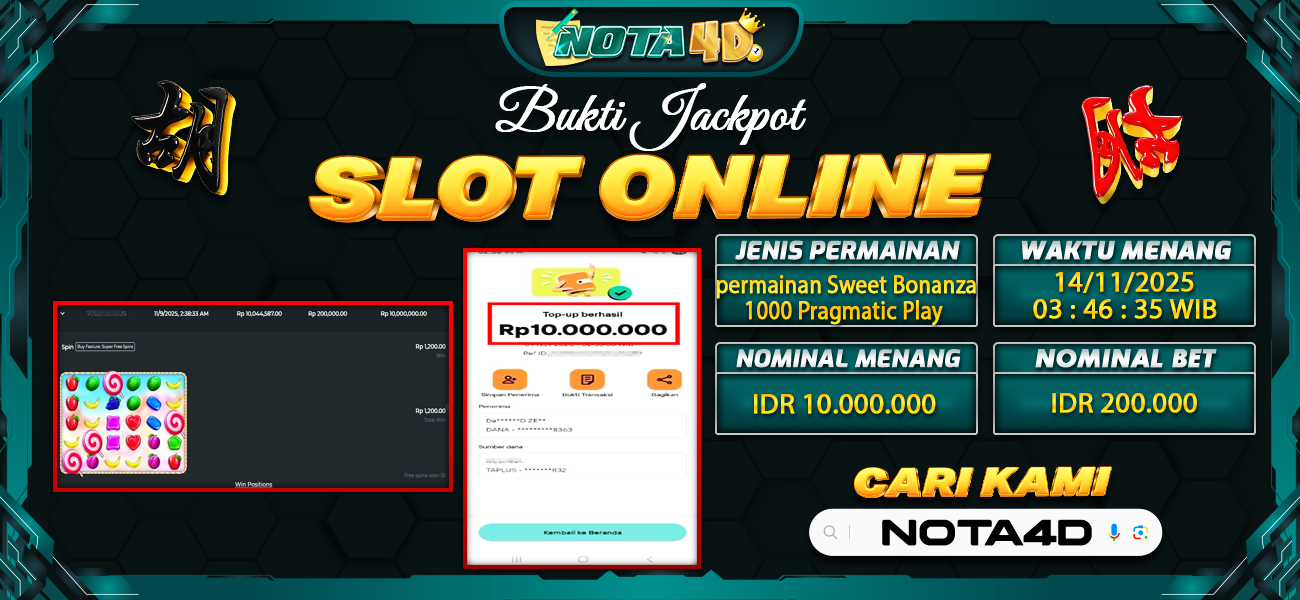 Bukti Kemenangan Besar Dibayar lunas Member NOTA4D RP 10.000.000, 15 November 2025