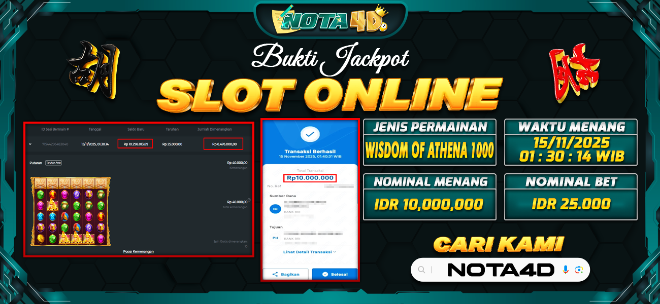 Bukti Kemenangan Besar Dibayar lunas Member NOTA4D RP 10.000.000, 15 November 2025