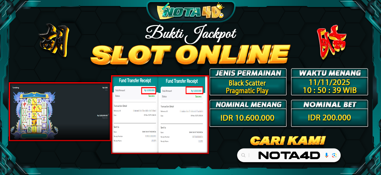 Bukti Kemenangan Besar Dibayar lunas Member NOTA4D RP 10.600.000, 15 November 2025