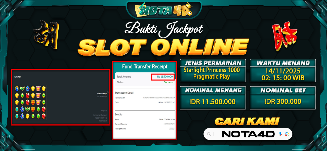 Bukti Kemenangan Besar Dibayar lunas Member NOTA4D RP 11.500.000, 15 November 2025