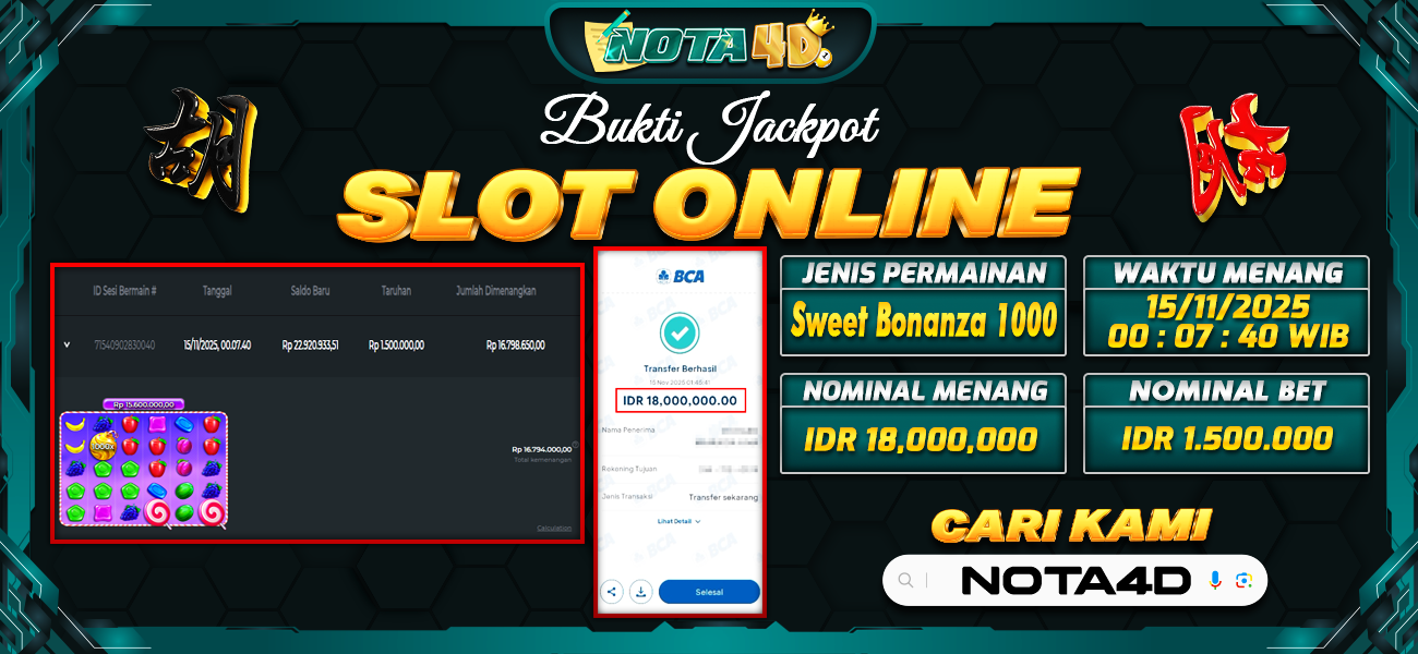 Bukti Kemenangan Besar Dibayar lunas Member NOTA4D RP 18.000.000, 15 November 2025