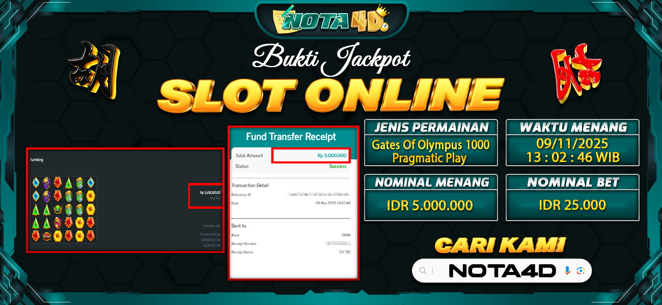 Bukti Kemenangan Besar Dibayar lunas Member NOTA4D RP 5.000.000, 15 November 2025