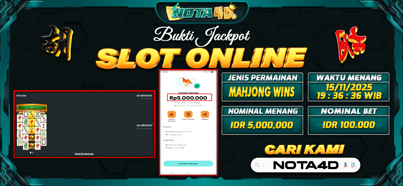 Bukti Kemenangan Besar Dibayar lunas Member NOTA4D RP 5.000.000, 15 November 2025