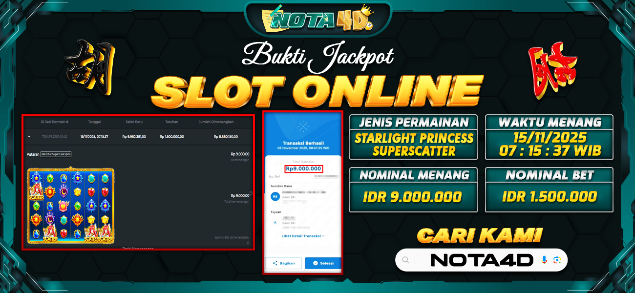 Bukti Kemenangan Besar Dibayar lunas Member NOTA4D RP 9.000.000, 15 November 2025