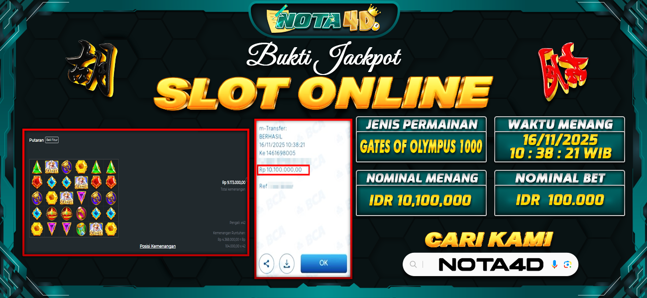 Bukti Kemenangan Besar Dibayar lunas Member NOTA4D RP 10.100.000, 16 November 2025
