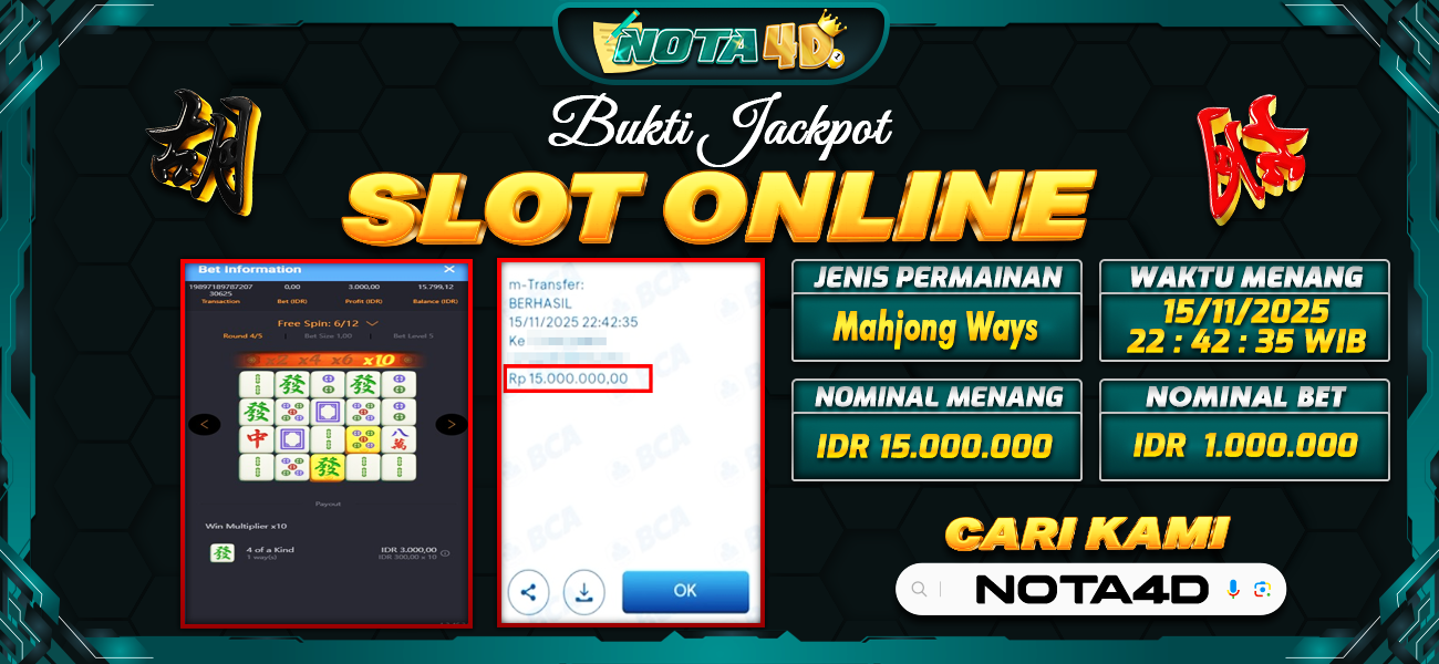 Bukti Kemenangan Besar Dibayar lunas Member NOTA4D RP 15.000.000, 16 November 2025