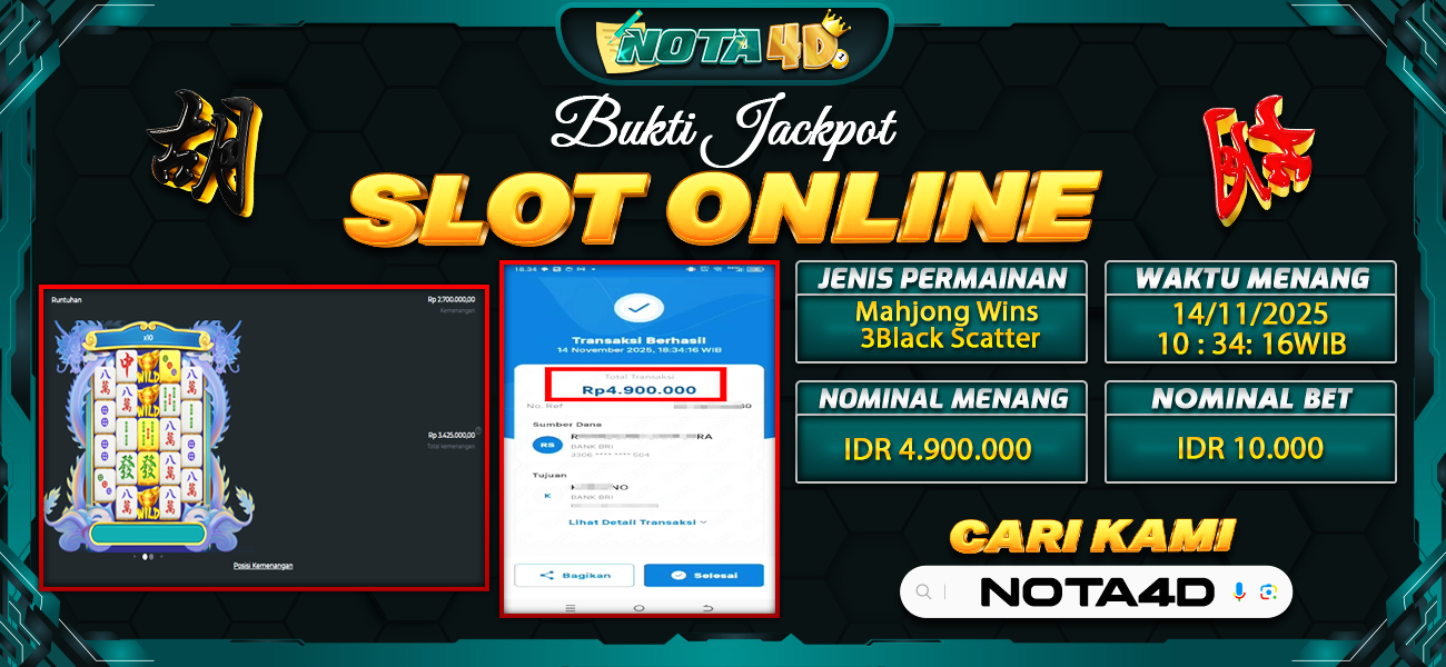 Bukti Kemenangan Besar Dibayar lunas Member NOTA4D RP 4.900.000, 16 November 2025