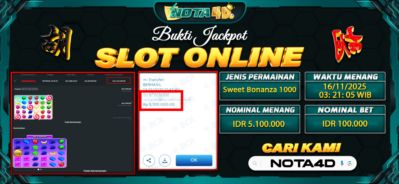 Bukti Kemenangan Besar Dibayar lunas Member NOTA4D RP 5.100.000, 16 November 2025