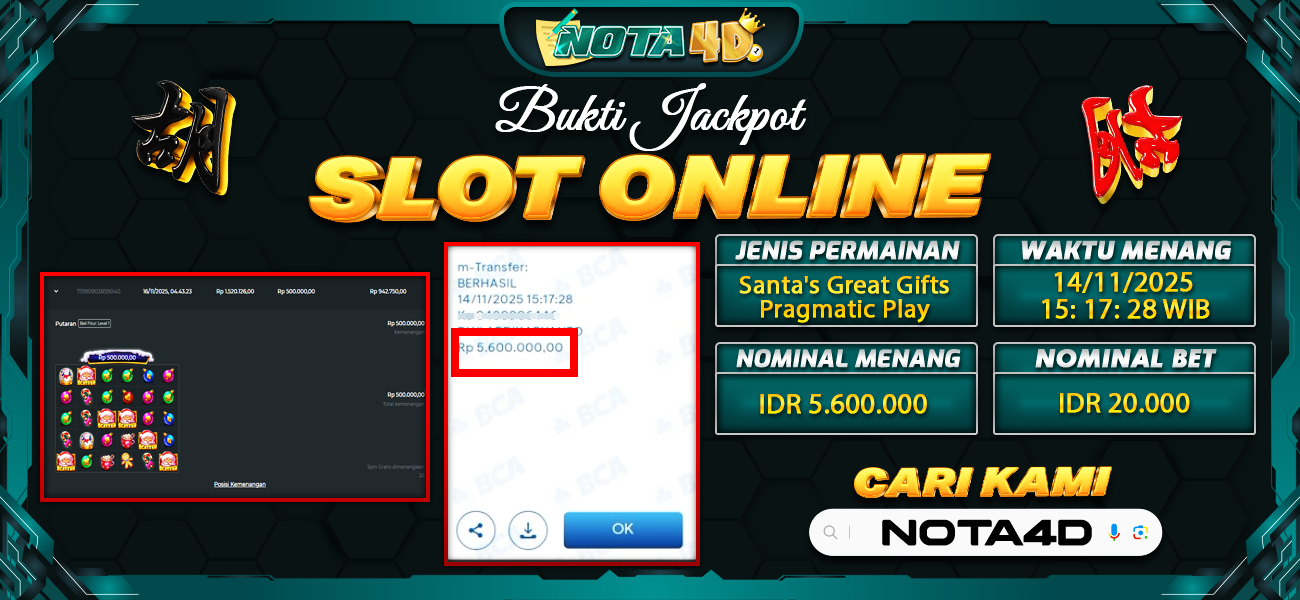 Bukti Kemenangan Besar Dibayar lunas Member NOTA4D RP 5.600.000, 16 November 2025