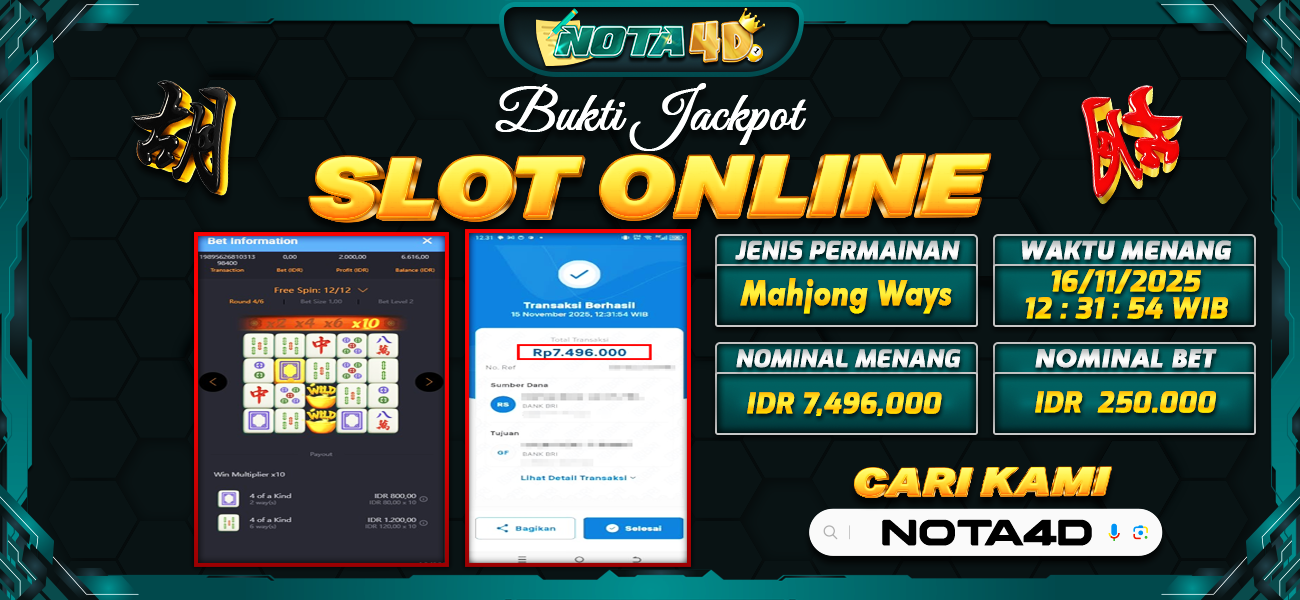 Bukti Kemenangan Besar Dibayar lunas Member NOTA4D RP 7.496.000, 16 November 2025
