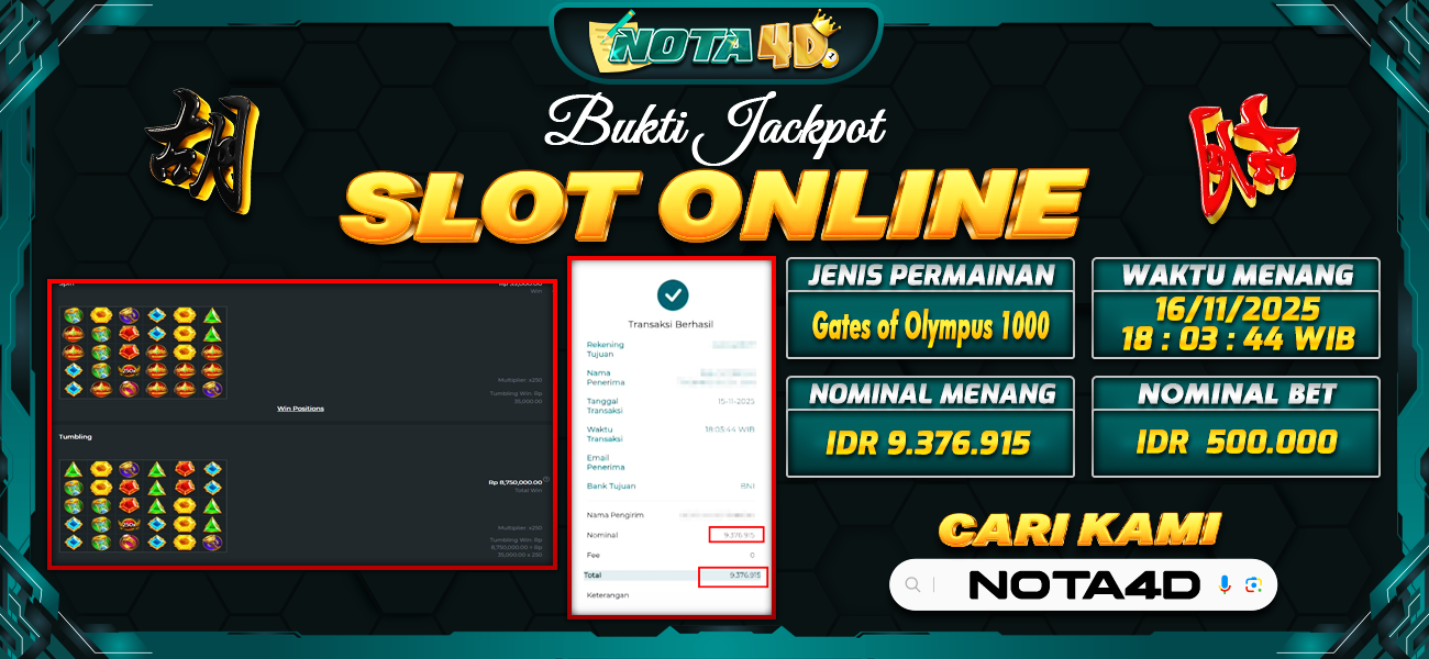 Bukti Kemenangan Besar Dibayar lunas Member NOTA4D RP 9.376.915, 16 November 2025