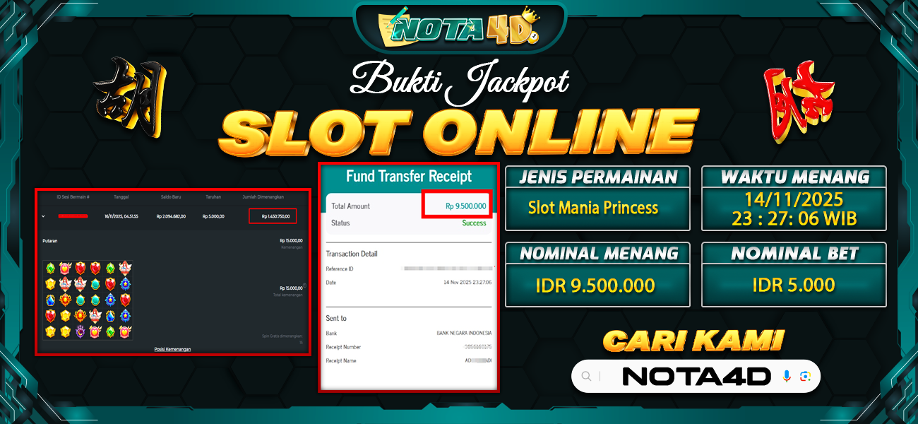 Bukti Kemenangan Besar Dibayar lunas Member NOTA4D RP 9.500.000, 16 November 2025